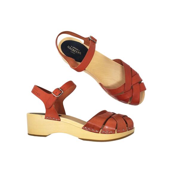 Swedish Hasbeens Shoes - Swedish Hasbeens Magdalena Wooden Platform Clog Heel Sandals Red Leather Size 38